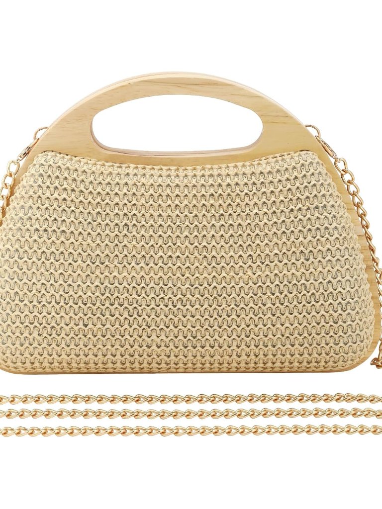 Women's Straw Purse Beaded Bag Wooden Top Handle Embroidery Sequin Handbag Summe
